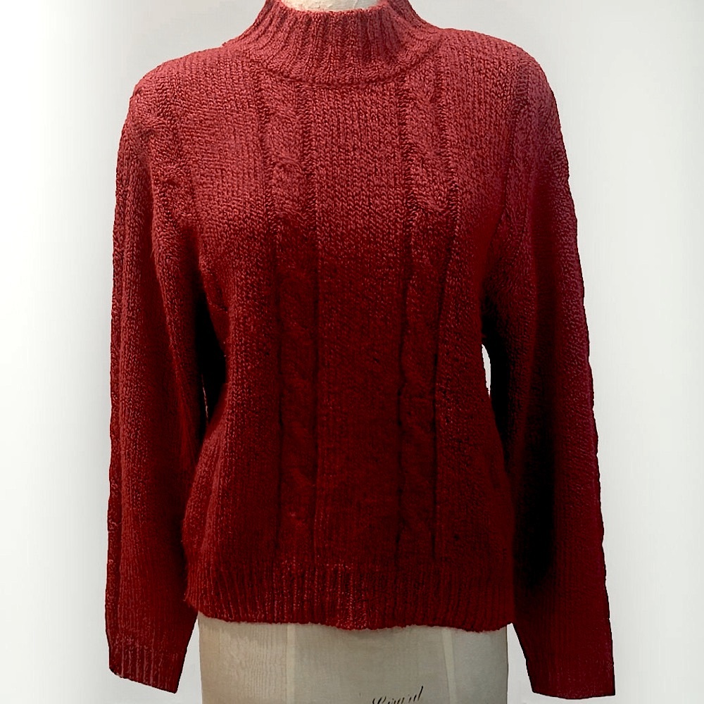 Vintage New Wave Mock Neck Cable Knit Sweater in Classic Red Medium